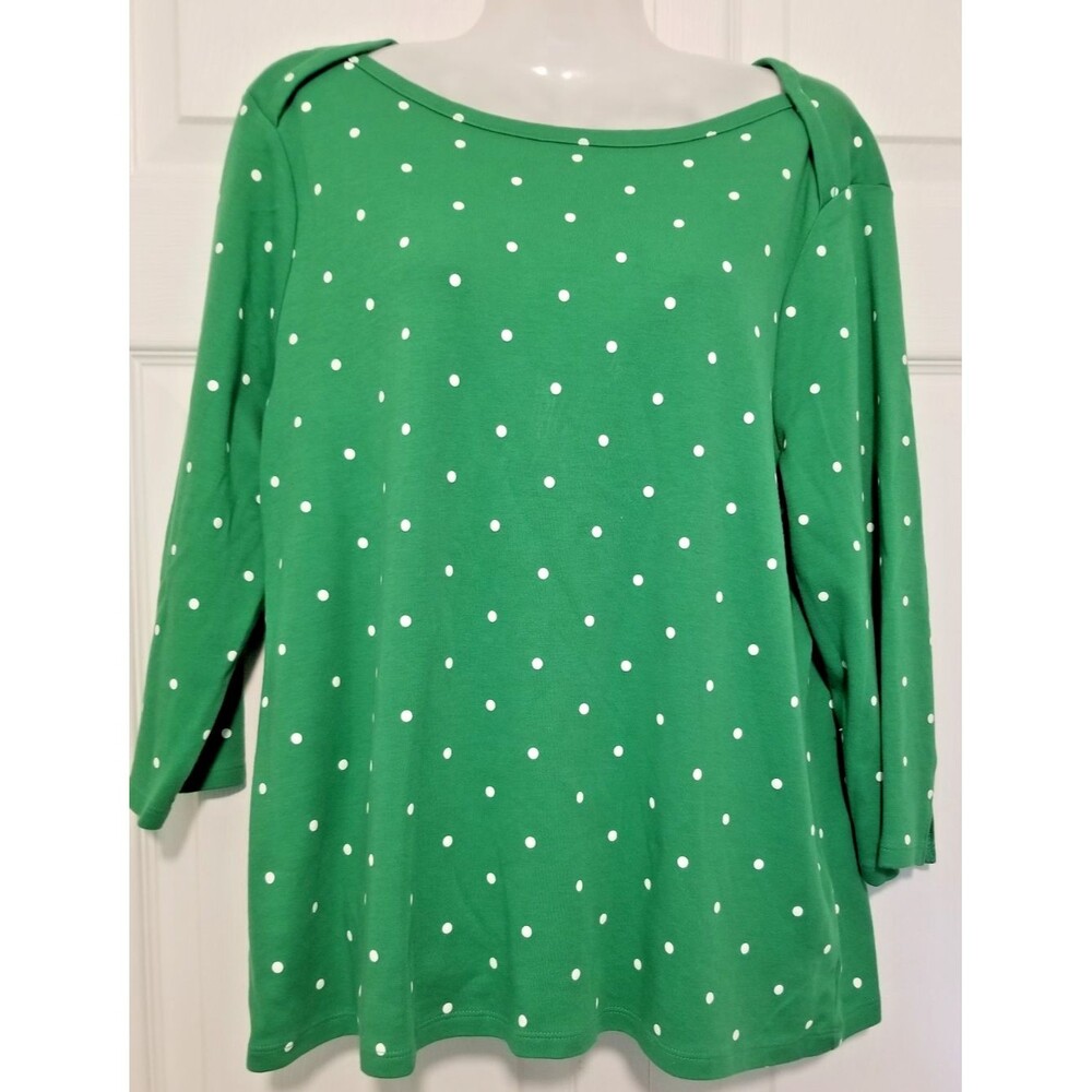 Women's Top Green with White Polka Dots Boat Neck 3/4 Sleeve Style & Co. Size XL